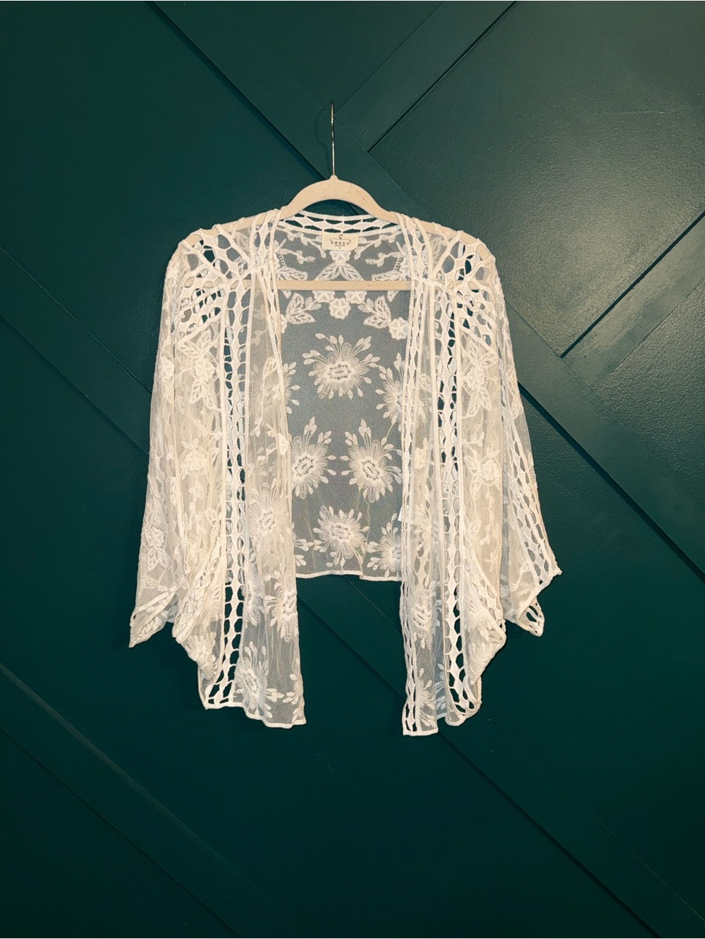 Cream White Floral Lace Kimono Cardigan Boho Crochet Size L